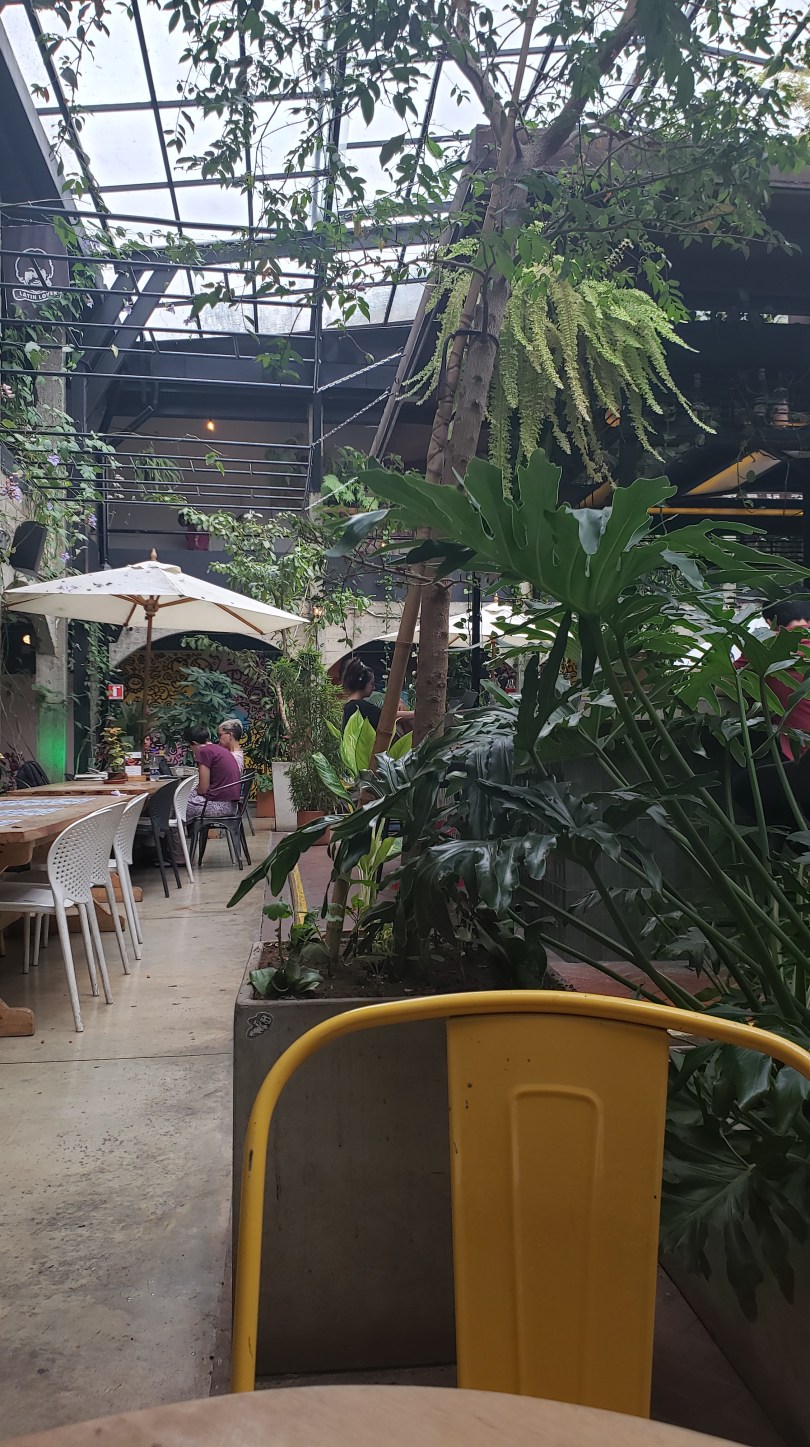 View of a row of tables and umbrellas with lots of vegetation in an atrium