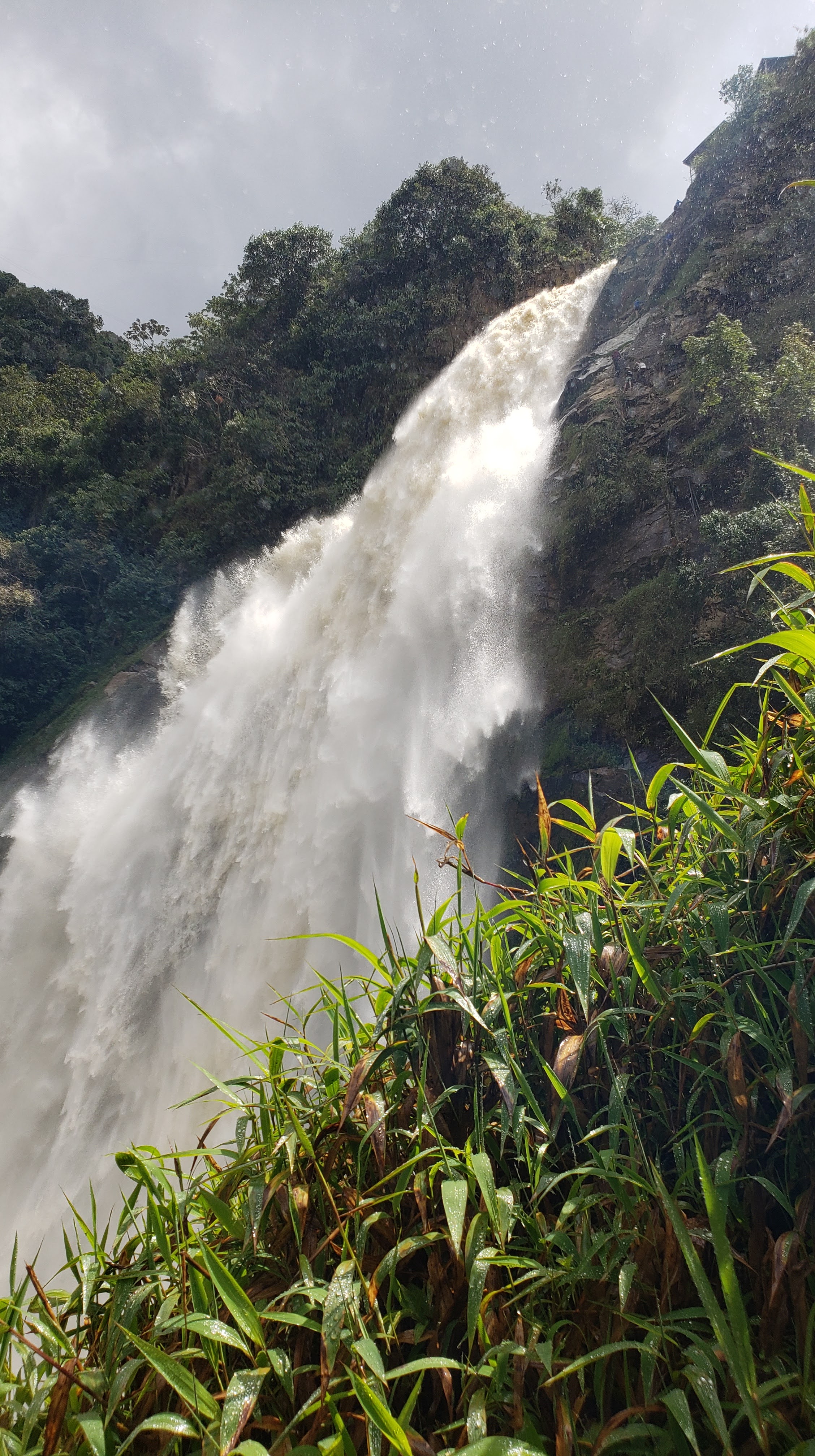 Large, turbulent waterfall pouring over a high cliff, surrounded by the forest